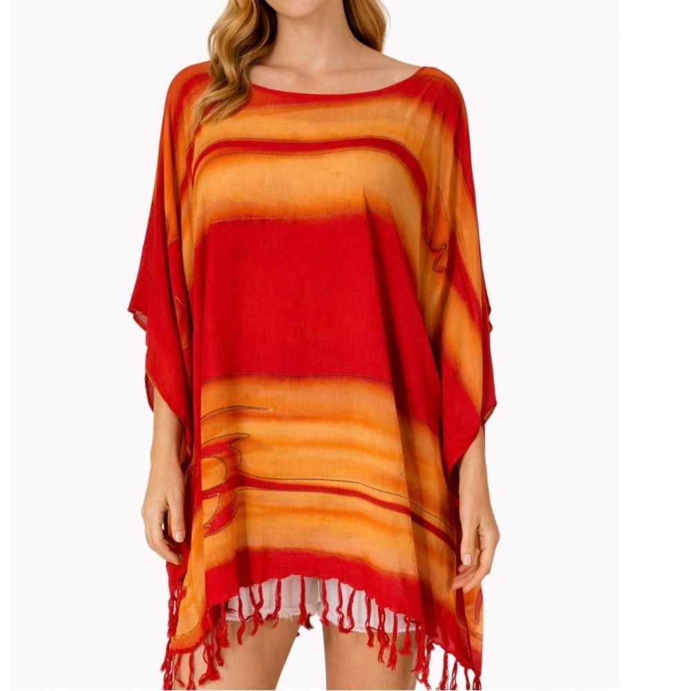 Sweet Lady aztec sunrise fringe red/orange OSFM swimsuit cover up poncho FLAWED